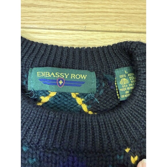 Embassy Row Sweater Men Large Pullover Wool Knit Argyle Vintage Blue Green - Picture 3 of 10
